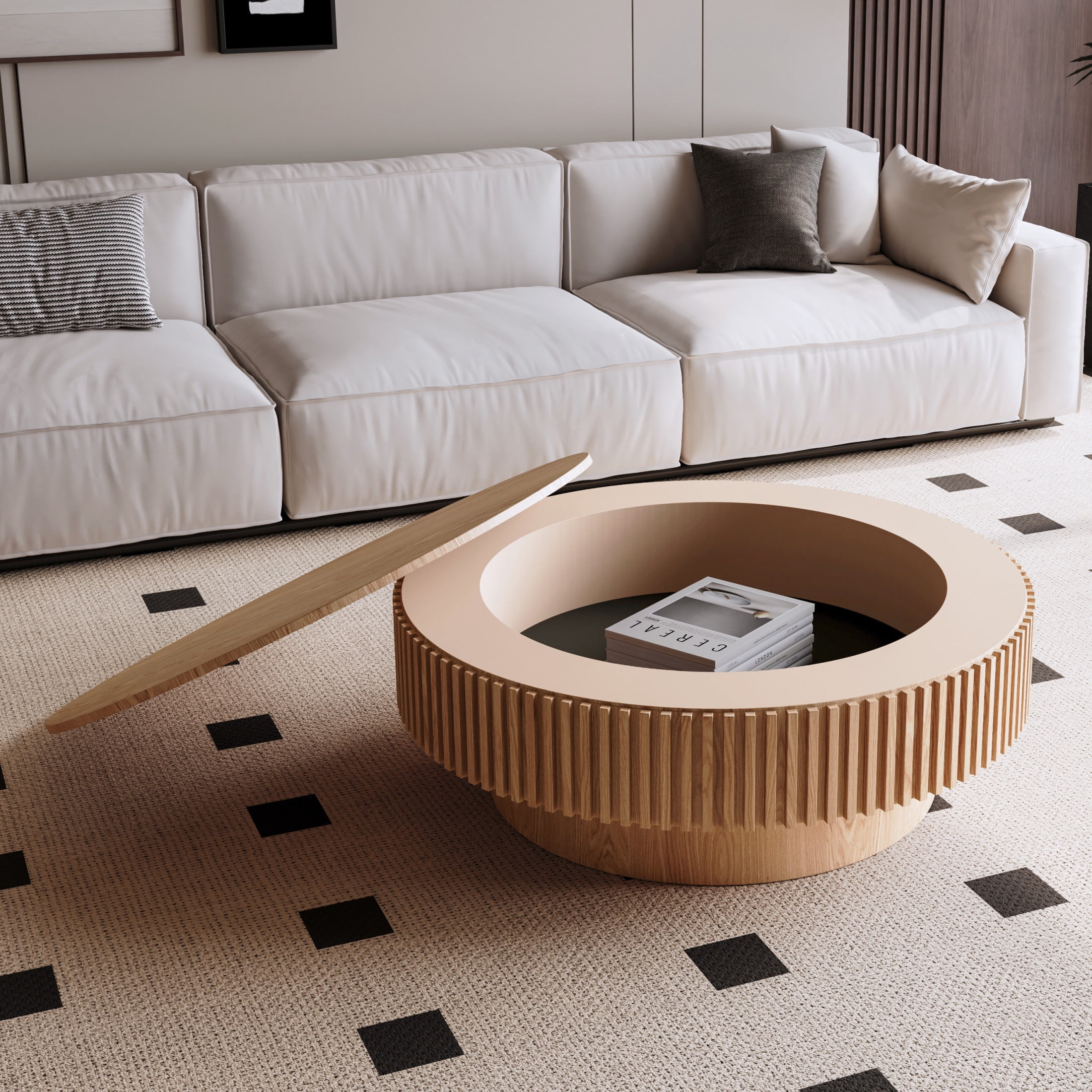 Noble House Leigh 39.3" Round Coffee Table with Hidden Storage, Solid Wood Veneer Fluted Accent Tea Table, Natural