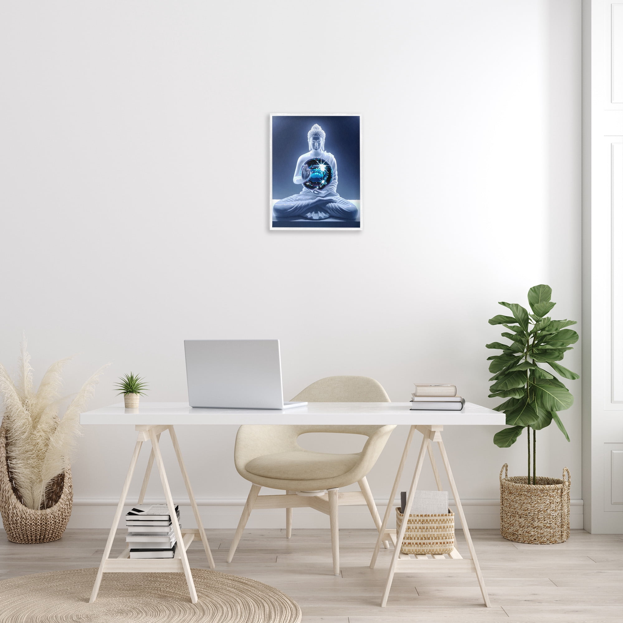 Stupell Industries Buddha with Disco Ball Novelty Painting White Framed Art Print Wall Art, 16 x 20