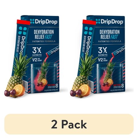 (2 pack) DripDrop Electrolyte Powder Drink Mix for Dehydration Relief Fast, Fruit Punch, 0.35 oz, 8 Count Packets