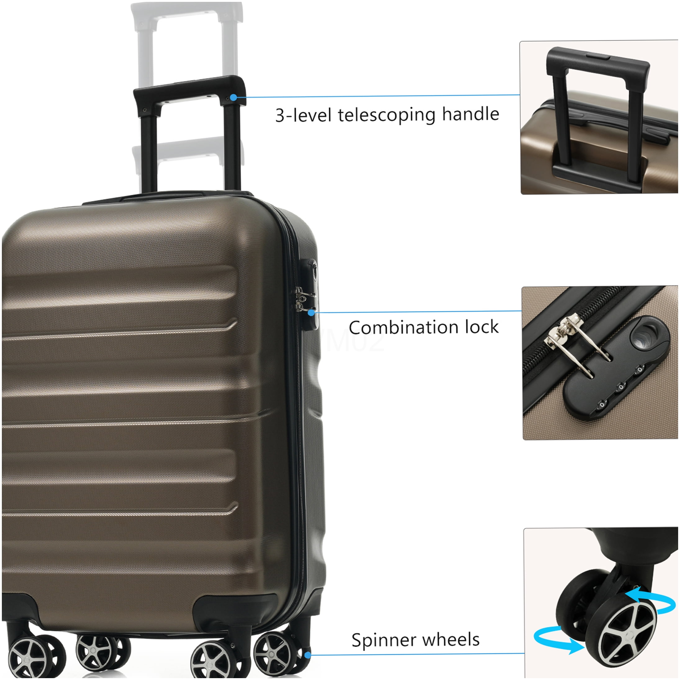 Brown ABS Hardshell Carry-On Luggage with Spinner Wheels and Foldable Duffel Bag, 20Inch Lightweight Suitcase for Travel
