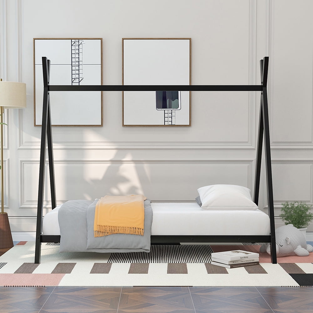 Kepooman Tent Bed for Kids, Wooden Floor House Bed Frame for Kids - Twin Size - Black Kepooman Tent Bed for Kids, Wooden Floor House Bed Frame for Kids - Twin Size - Black