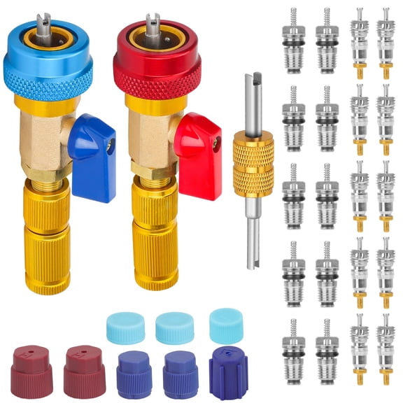 ARCADORA R134A AC Valve Core Remover Installer Kit for Automotive AC Repair Brass Red Blue Quick Couplers