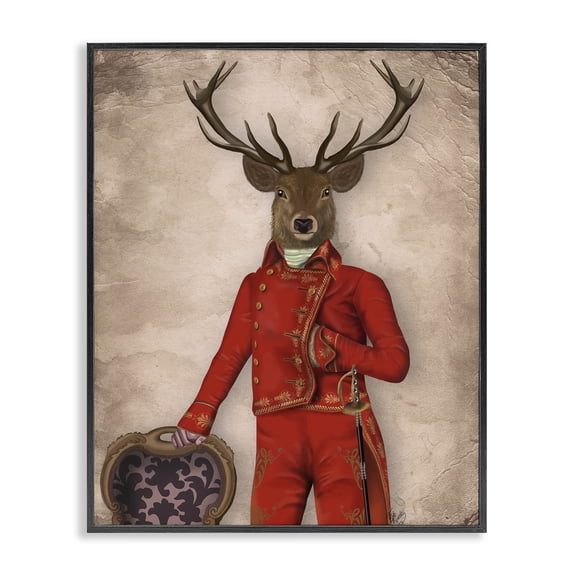 Stupell Industries Eclectic Fancy Elk in Red Suit Black Framed Giclee Art, 11 x 14, by Fab Funky