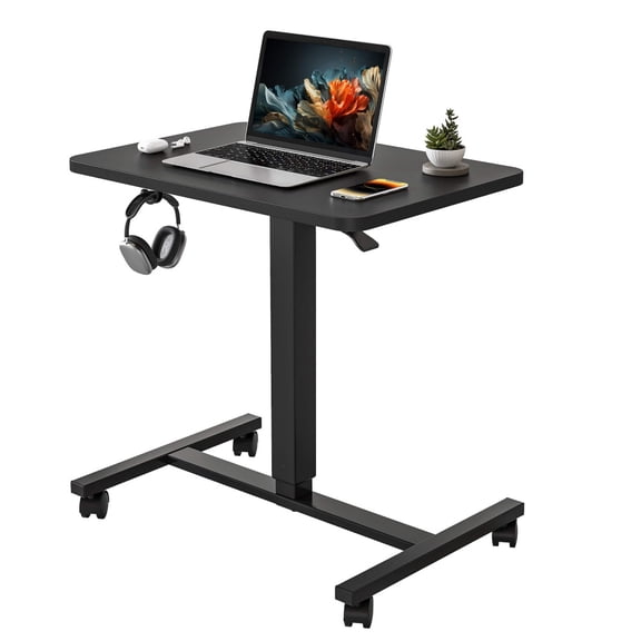 Mobile Standing Desk 24x16 Inches Adjustable Height Rolling Laptop Desk Black Frame/Black Top With Headphone Hook