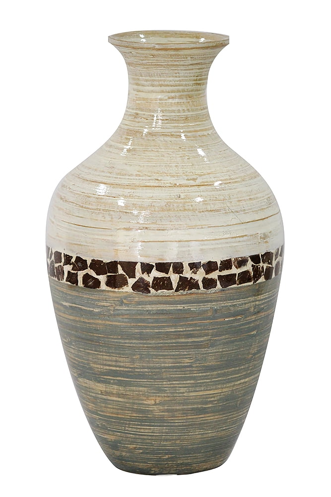 20" Spun Bamboo Vase Bamboo In White And Gray W/ Coconut Shell