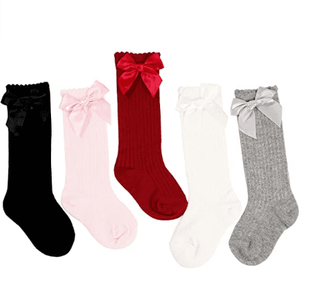 Amerteer 5 Pairs Baby Kids Cotton Soft Breathable Knee-High Over Calf Socks Infant Newborn Striped Bow Stockings, Suitable for infants from 6 to 12 months