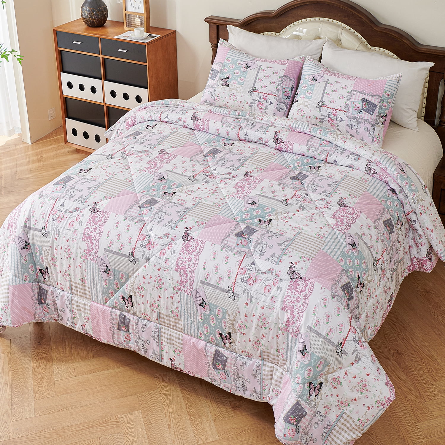 Evenhug Comforter 3-Piece Queen Purple Patchwork Floral Comforter Set With Pillowcases