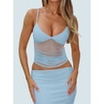thumbnail image 4 of Women'S Sheer Mesh Camisole Tops Ruched V Neck Spaghetti Strap Crop Tank Top Blue S, 4 of 9