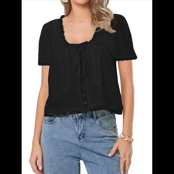 Blusa de Encaje con Lazo Frontal para Mujer, Transparente, de Corta, Cuello Redondo, Botones, Estilo Bohemio, con Volantes, Estilo Y2K Negro S