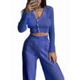 thumbnail image 3 of Traje Informal de Dos Piezas para Mujer, de Punto Liso, con Aberturas, Larga, Botones y Pantalones de Cintura Alta. Azul S, 3 of 9