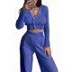 thumbnail image 3 of Traje Informal de Dos Piezas para Mujer, de Punto Liso, con Aberturas, Larga, Botones y Pantalones de Cintura Alta. Azul L, 3 of 9