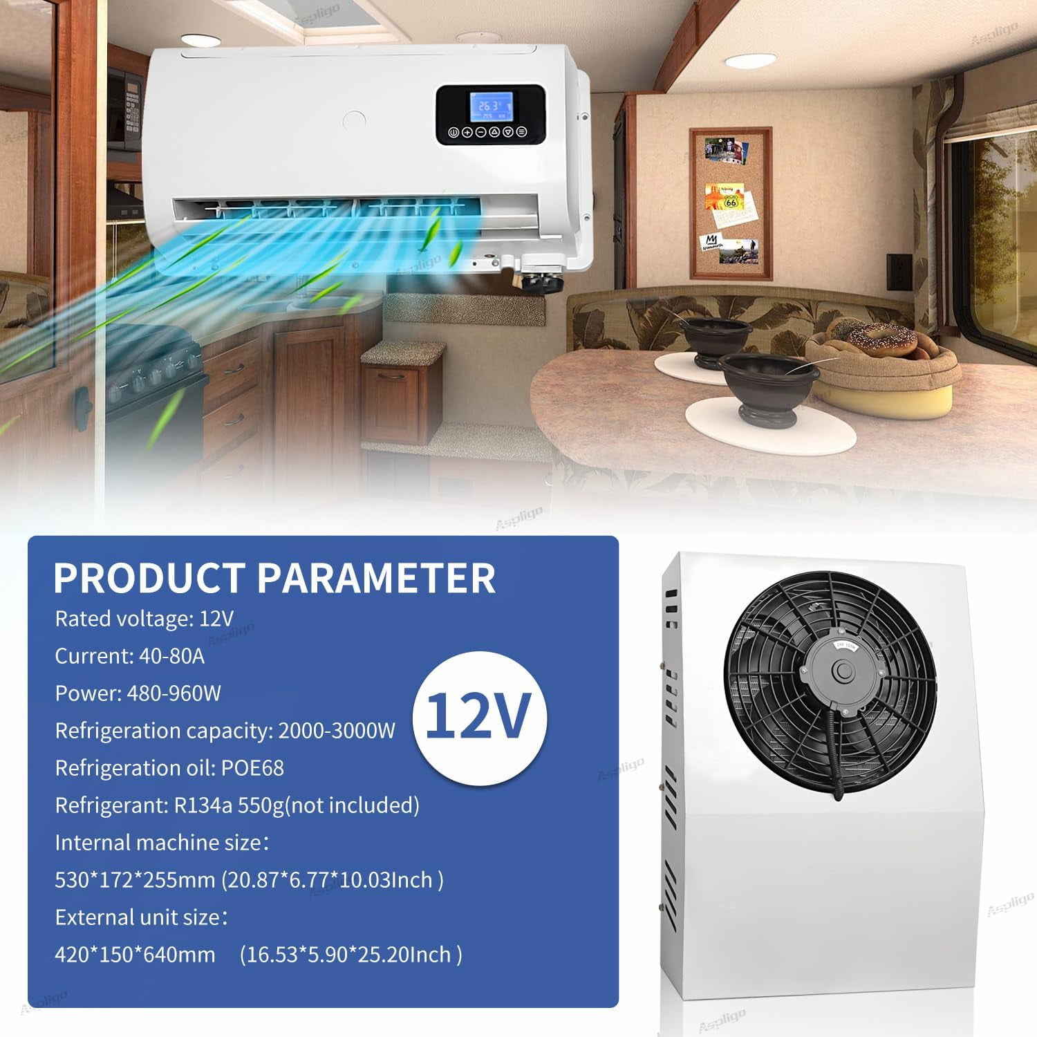 Aspligo 12V 10000BTU New Energy Mini Split AC Unit, Fast Cooling Parking Air Conditioner for Semi Truck, RV, Crane, Tractor, Boat