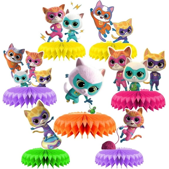 Super Kitty Party Centerpieces Theme Party Supplies, Happy Birthday Super Kitty Party Decorations Double Sided Table Toppers Honeycomb Centerpieces