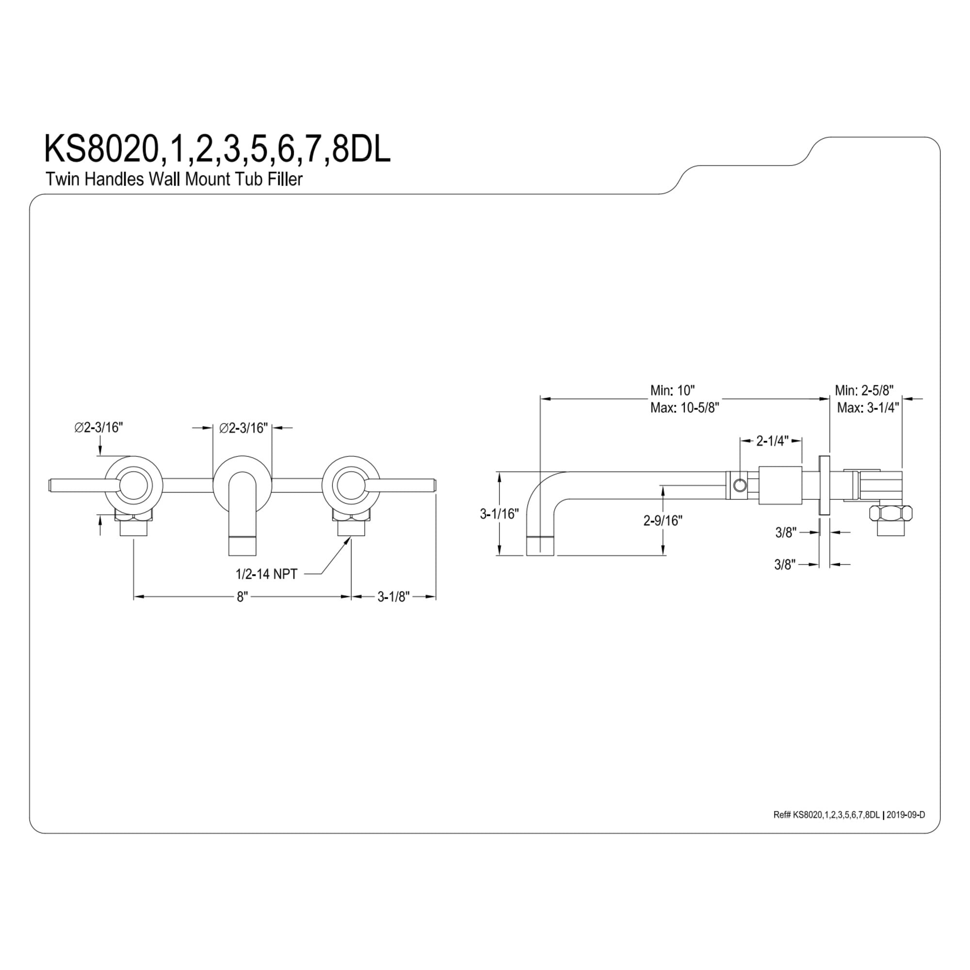 Kingston Brass KS8023DL Concord Two-Handle 3-Hole Wall Mount Roman Tub Faucet in Antique Brass