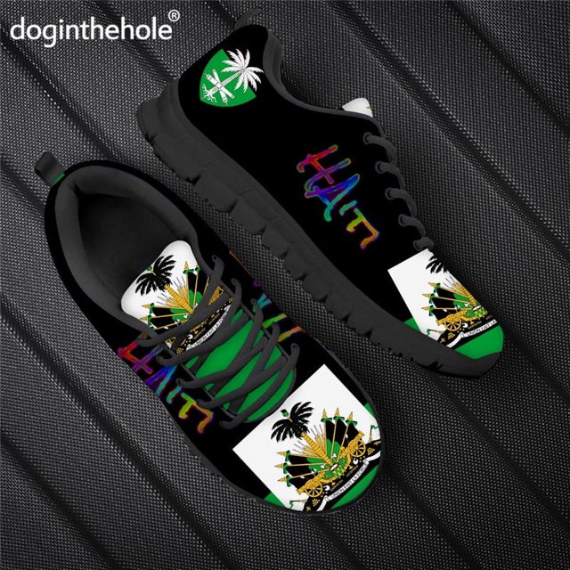 Zapatillas Doginthehole con estampado de la bandera de Haití, informales, ligeras, de malla transpirable, para hombre, con logotipo personalizado, pedido mínimo 1