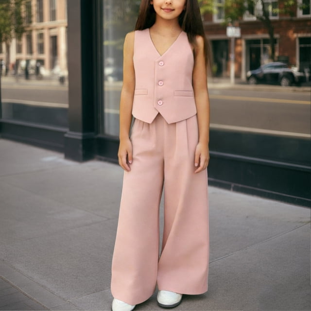 Conjuntos de camiseta sin mangas con cuello en V para niños, conjunto de dos piezas de chaleco con botones, camisa y vaqueros sin mangas de color liso de verano para niños, top de poliéster para niños