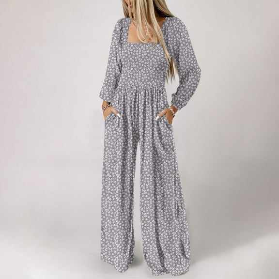 CaiJunJia Women's Jumpsuits Casual Dressy One Piece Outfits Square Neck Long Sleeve Belt Pockets Long Pants Romper