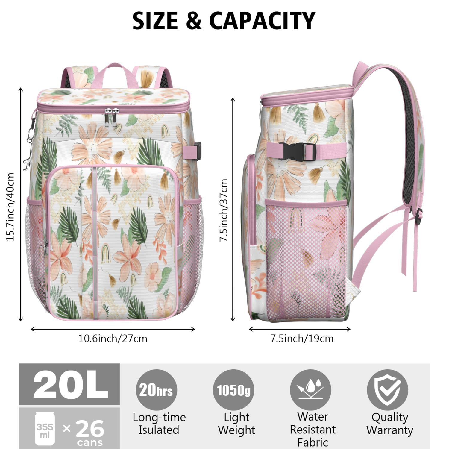 Travel Cooler Bag - Pioneer Flower Floral Print Pattern Camping Beer Cooler Backpack with Bottle Opener- Waterproof Insulated Picnic Backpacks - Cooler Bag for Beach
