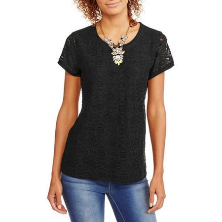Faded Glory - Women's Short Sleeve Lace Front T-Shirt - Walmart.com