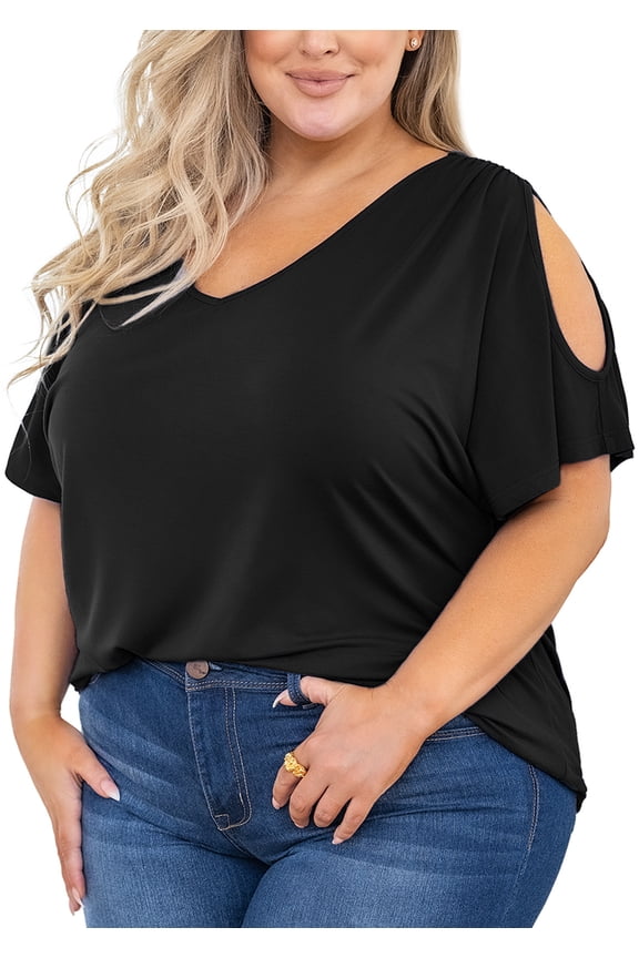 Plus Size Tunic for Women Cold Shoulder Top Black 3X Blouse Short Sleeve Clothing V Neck Shirts Summer Clothes