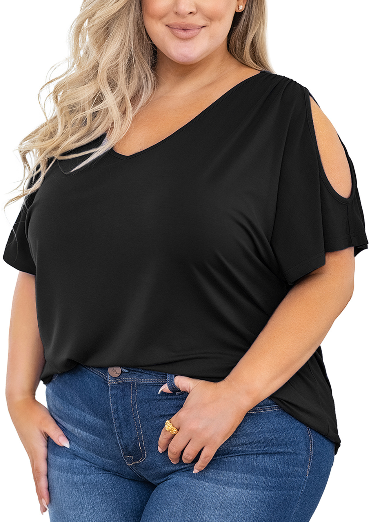 SHOWMALL Plus Size Tunic for Women Cold Shoulder Top Black 3X Blouse Short Sleeve Clothing V Neck Shirts Summer Clothes