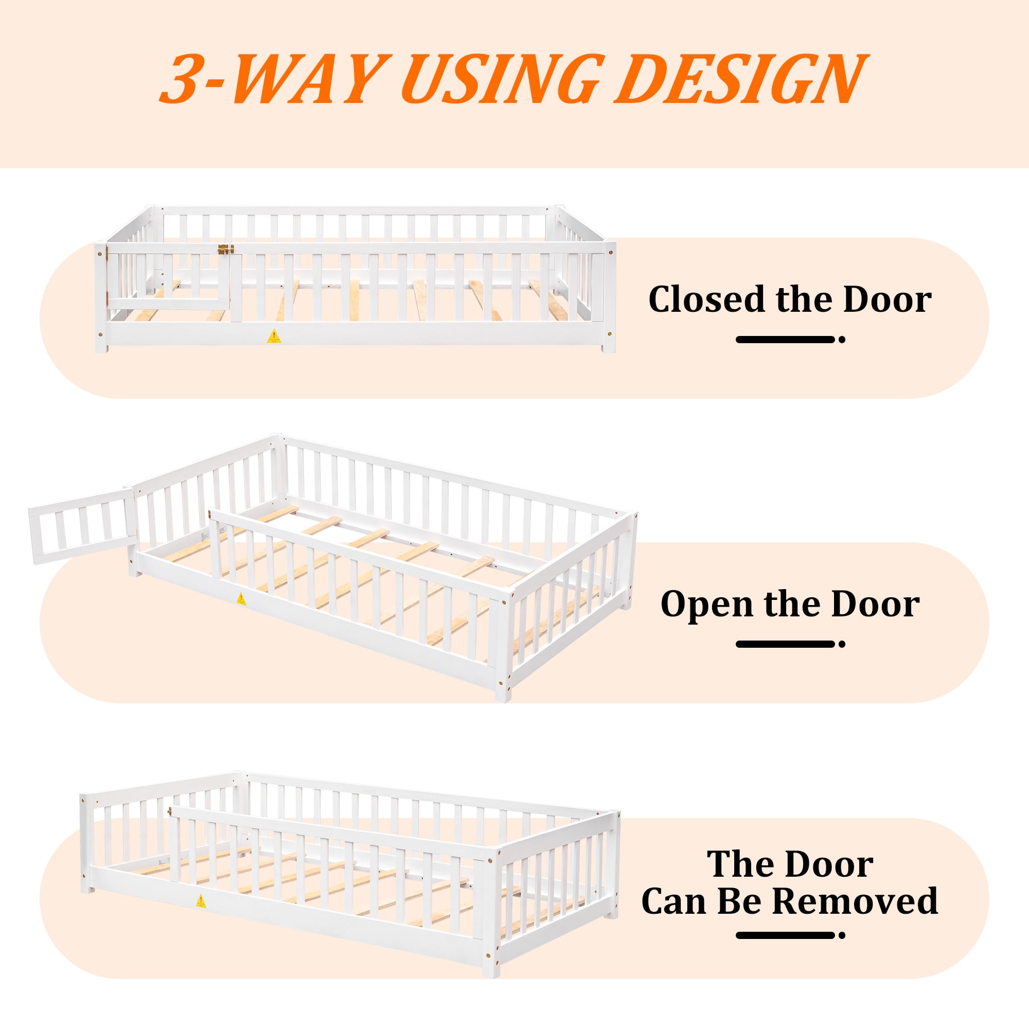 UHOMEPRO Twin Size Floor Bed with Fence and Door for Kids, Low Profile Montessori Toddler Bed for Crib Transition, Solid Wood, Slats Supports, Easy Assembly, No Box Spring Needed, White