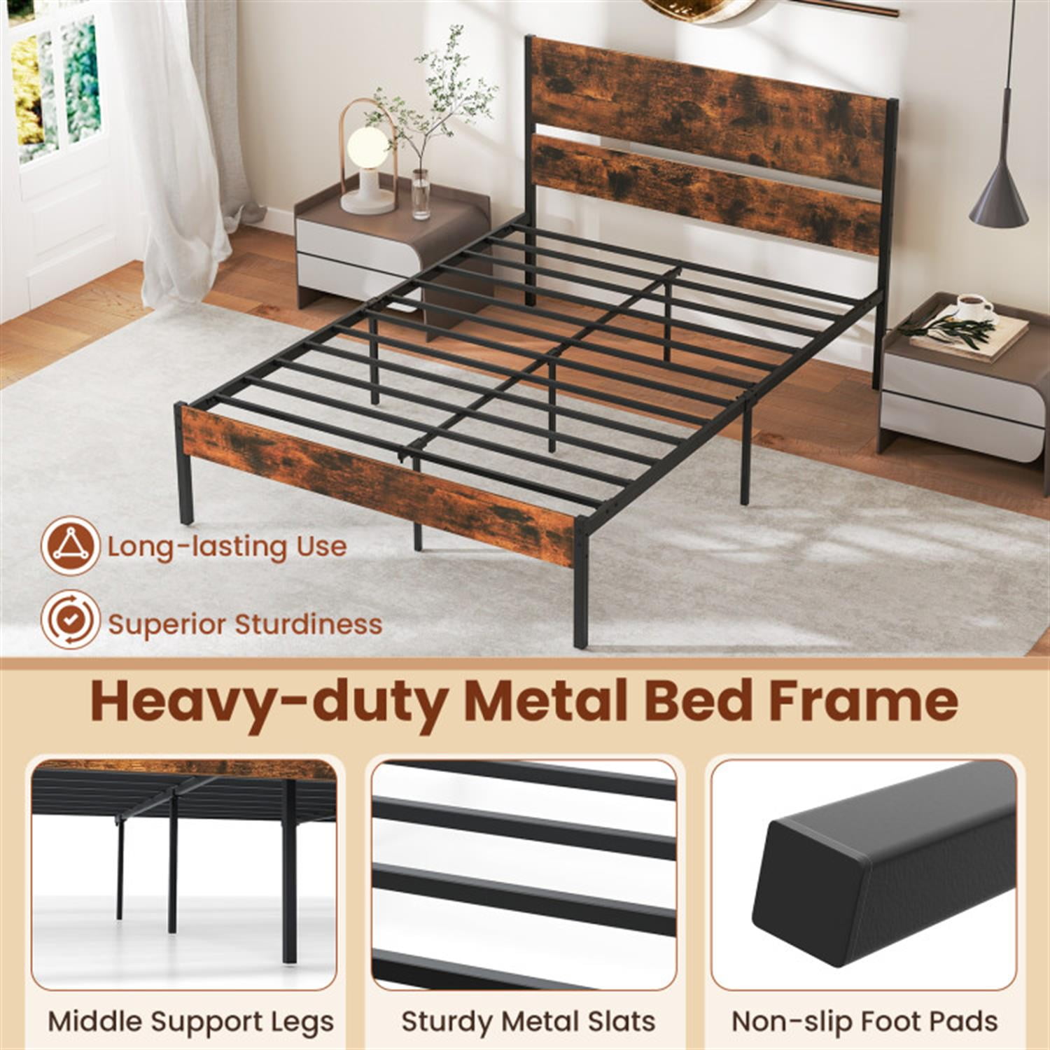 Demi Bonn Full Size Bed Frame with Wooden Headboard and Footboard, Modern Metal Platform Bed Frame with Under Bed Storage, No Box Spring Needed, Brown