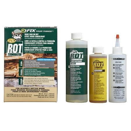 240168 PC-Rot Terminator Two-Part Epoxy Wood Consolidant, 24 oz in Two Bottles, Amber, Two-part epoxy wood consolidant hardens rotted wood and protects.., By PC Products Ship from