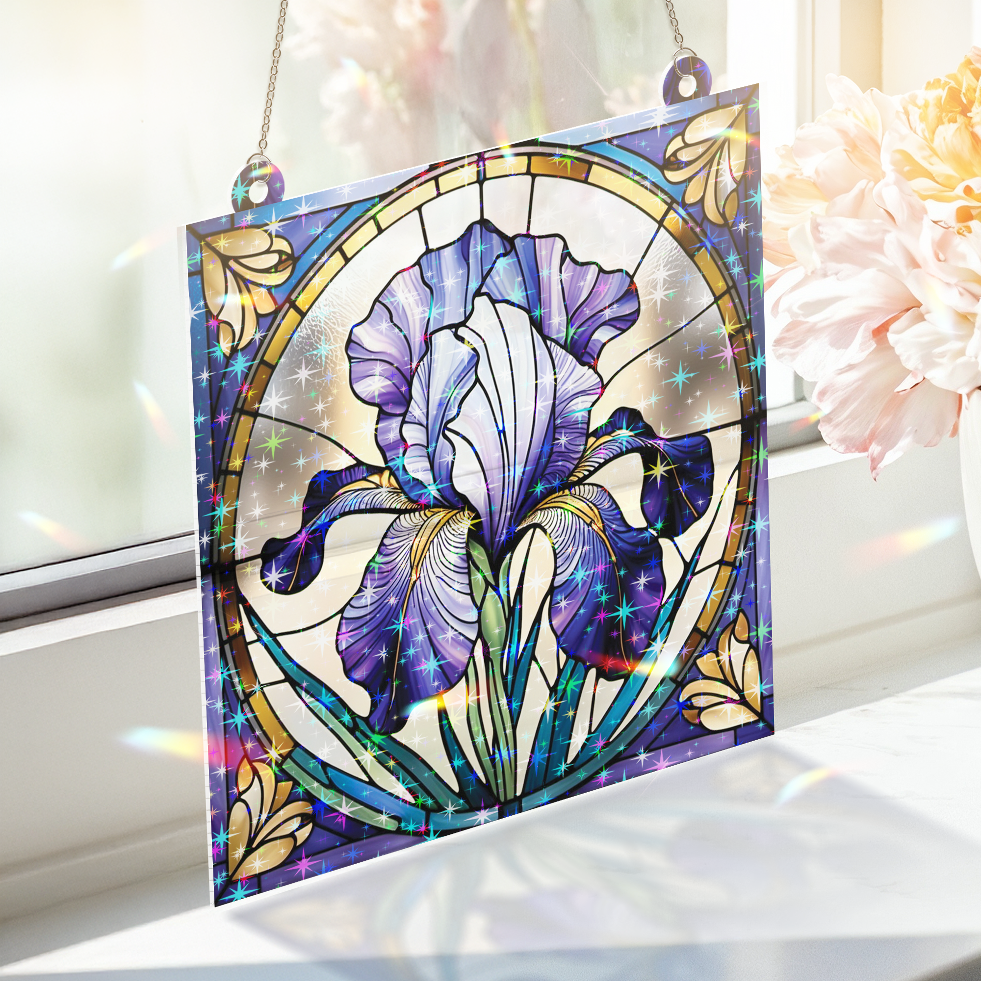 89Bloom Iris Stained Glass Hologram Ornament, Stained Glass Suncatcher Ornaments Home Decor, Holographic Ornaments