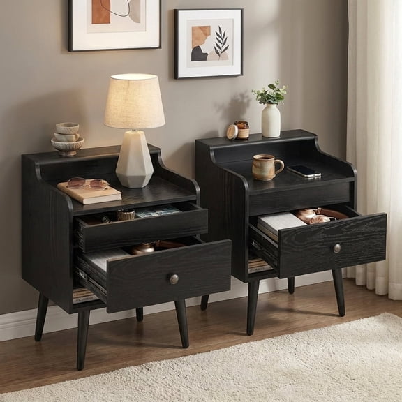LEDREM Mid-Century Nightstand Set of 2 with Hidden Drawers, Bedside Tables with Solid Wood Legs, 15.7x19.7x27.4 Inches, Ebony Black