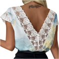 thumbnail image 4 of Lilgiuy Women Causal Lace Stitching Floral Printing Short Sleeve Buttons V-Neck T-shirt Tops Blouse Cardigan(Blue,10) Fall Fashion for 2022 Spring Winter, 4 of 5