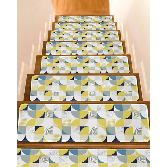 Yellow Geometric Stair Treads for Wooden Steps Indoor Runner Rug Carpet, Middle Century Modern Abstract Art 10 Pieces Peel and Stick Staircase Step Treads Covers Washable Throw Door Mats, 30"x8"