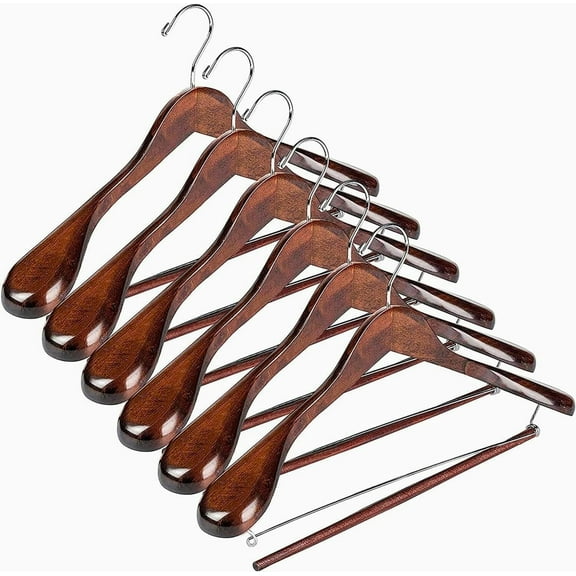 DEILSY Wide Shoulder Wooden Suit Hangers with Non-Slip Pants Bar & 360° Swivel Hook - Smooth Finish Coat Hangers for Men and Women - Heavy Duty Clothes Hanger – Pack of 6