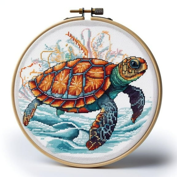 Watercolor Sea Turtle Starter Easy Cross Stitch Kits Color Stamped Embroidery Kits DIY 11CT Stamped Patterns Embroidery Needlework Kit Supplies 12 Inch Hoop Included(et-61)