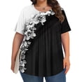 thumbnail image 6 of Womens Pleated Graphic Tees Plus Size Clothes Crew Neck Floral Tshirts Casual Trendy Summer Tops Black, XL, 6 of 6