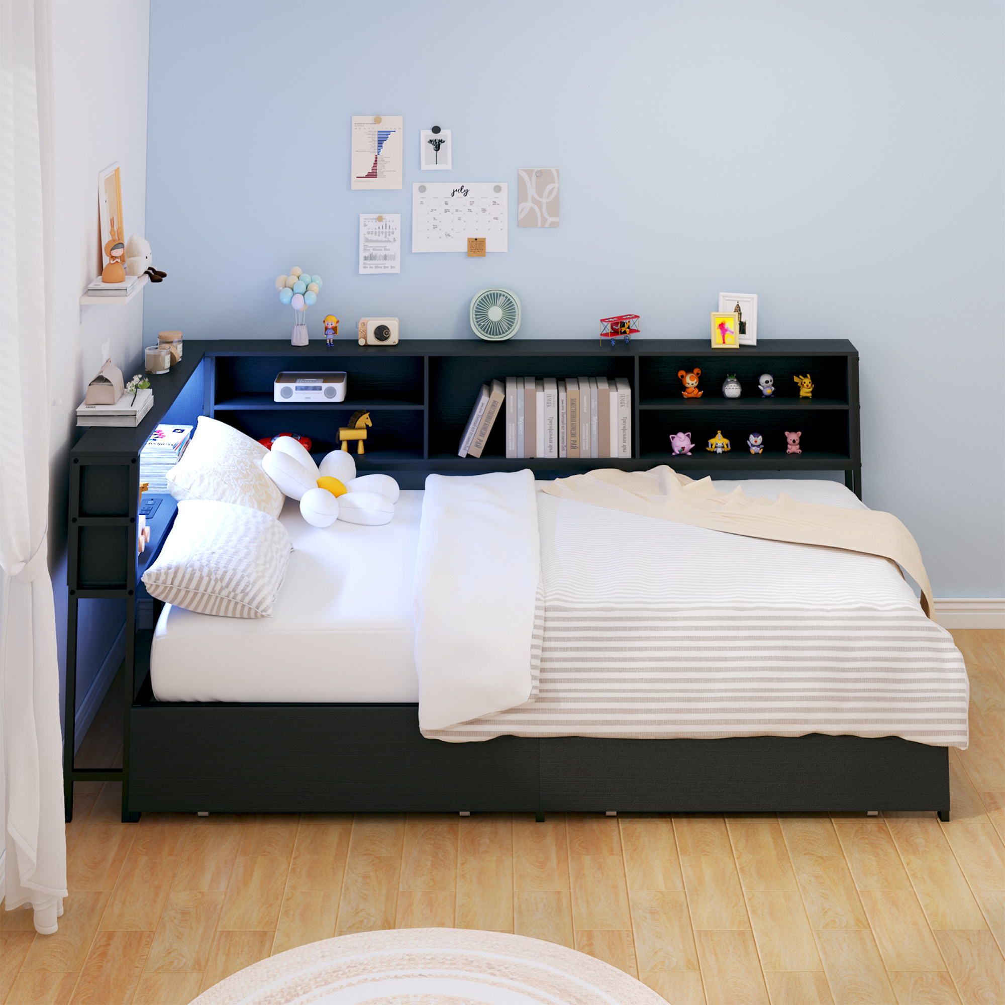 Leumius Corner Twin Bed Frame with Storage Drawers, Bookcase Headboard, LED Lighting & USB Charging Station,Twin Size Daybed for Kids Teens,Black
