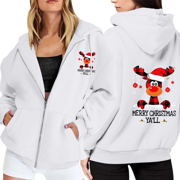 WILLBEST Sudadera con Capucha para Mujer, Estilo Casual, con Estampado Navideño, Cremallera, Manga Larga, Bolsillo y Cordón Ajustable Chica