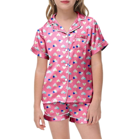 Teen Satin Pajamas for Girls Valentines Pajamas Kids Short Sleeve Heart Button Down Loungewear Kids Pjs Boys 12-13 Years