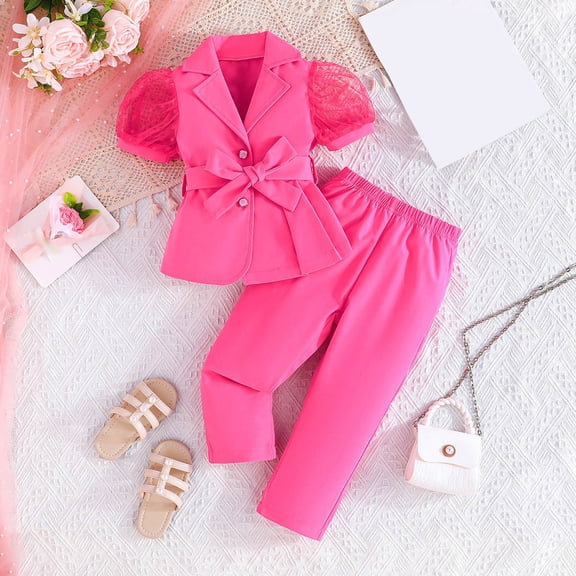 SONGGE Stylish Girls Two Piece Outfit Sets Fashion Sleeve Blouse With Mesh Sheer And Tailored Long Pants Toddlers Kids Cartoon Cozy Clothes Sets