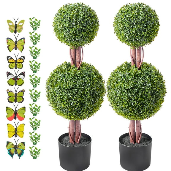 SKYSHALO Synthetic Boxwood Double Sphere Tree, 36" Height (Set of 2), Dual Globe Artificial Trees, Includes Additional Foliage, Pot, Minor Decor, UV Protected for Both Indoor and Outdoor Use