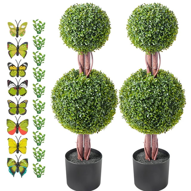 KFFKFF Synthetic Boxwood Double Sphere Tree, 36" Height (Set of 2), Dual Globe Artificial Trees, Includes Additional Foliage, Pot, Minor Decor, UV Protected for Both Indoor and Outdoor Use
