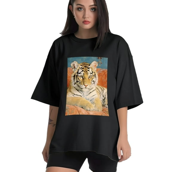 Plus Size Shirt for Women Black Tops for Women Short Sleeves Shirt for Women Tiger T Shirt Crewneck Shirt for Women XS
