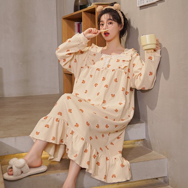 Camisón de algodón para mujer, primavera y otoño, manga larga, estilo coreano, pijamas estilo princesa de hadas, ropa de hogar de talla grande para mujer, otoño e invierno, estilo palacio