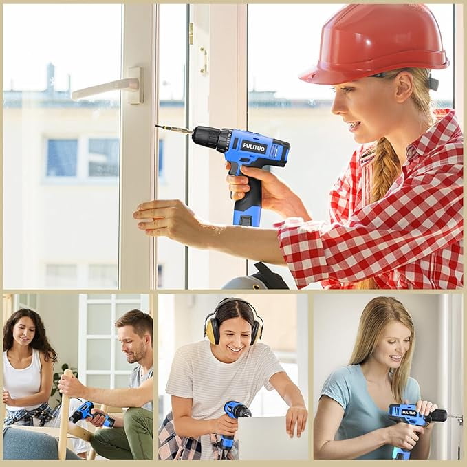 PULITUO 12V Cordless Power Drill Set with Battery and Charger, 3/8" Keyless Chuck, 21+1 Torque Settings, Built-in LED Light, Compact Electric Drill Kit for Home Improvement and DIY Projects(blue)