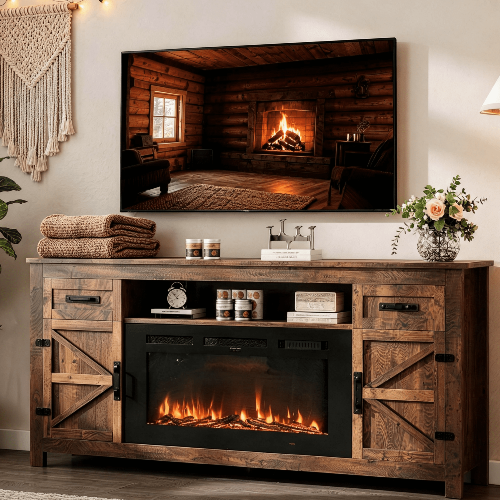 Sonegra 70" Fireplace TV Stand, Entertainment Center for TVs Up to 80”, TV Console with Storage Cabinets, Media Console for Living Room, Brown TV Stand and Black Fireplace