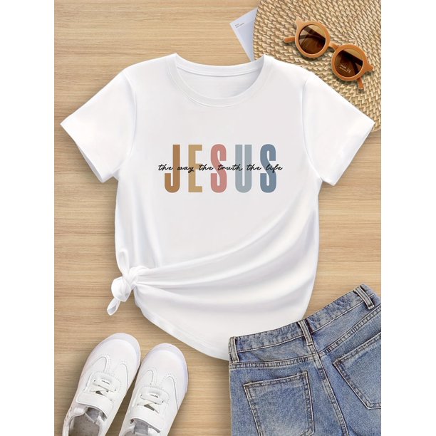 Jesus Letter Print Girls' Summer T-Shirt - Soft, Elastic, Comfortable Round Neck Short Sleeve Top for Casual Outdoor Sports, Suitable for Ages 7-14, Summer Top