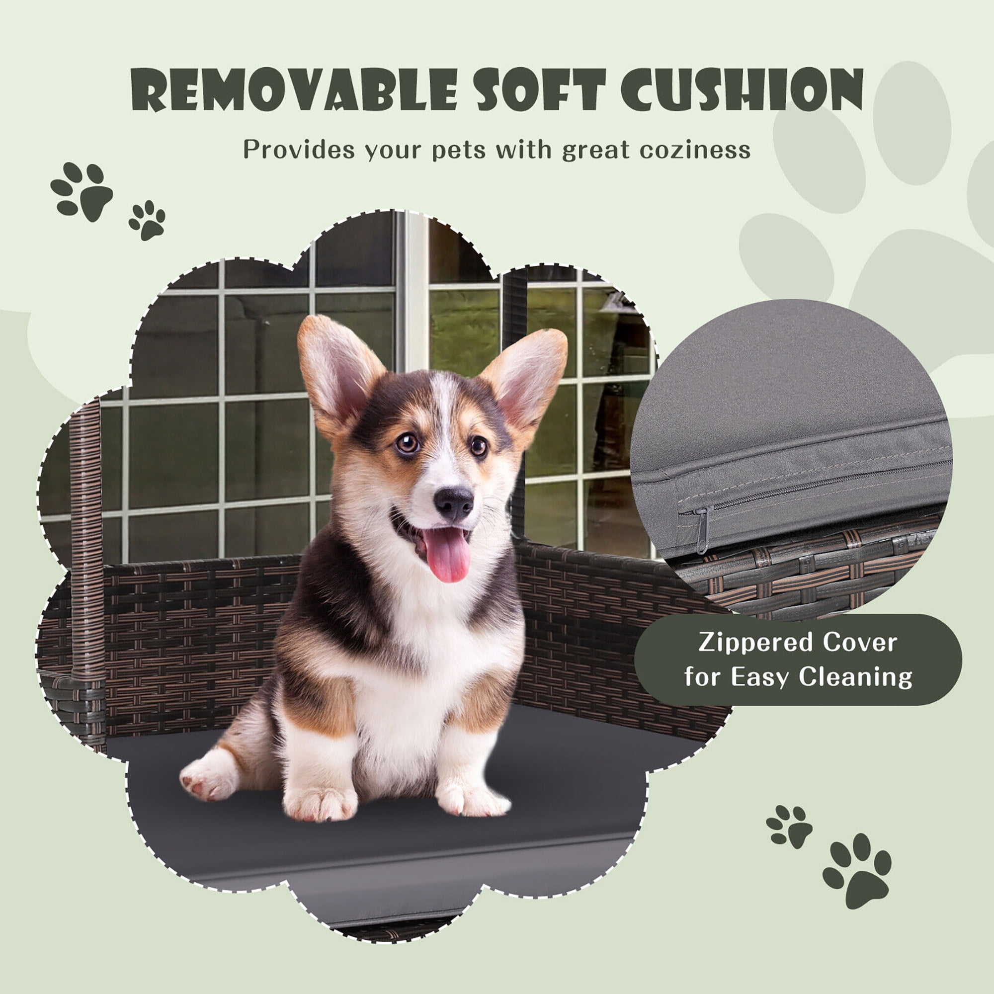 Gymax Wicker Dog House w/ Cushion Lounge Raised Rattan Bed for Indoor/Outdoor Grey