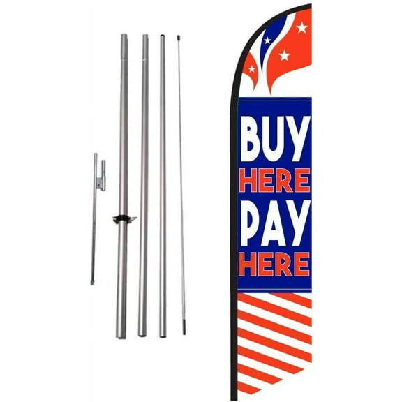 Buy Here Pay Here Auto Dealership Advertising Feather Banner Swooper Flag Sign with Flag Pole Kit and Ground Stake