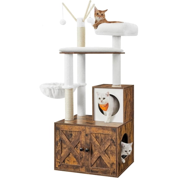 Favory Cat Tree with Litter Box Enclosure, 59-Inch Modern Cat Tower, 2-in-1 Condo with Scratching Posts, Washable Removable Cushion, Rustic Brown UPCT113X01