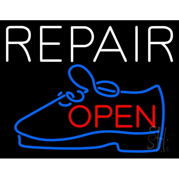White Repair Blue Shoe Open LED Neon Sign 15 x 19 - inches, Black Square Cut Acrylic Backing, with Dimmer - Bright and Premium built indoor LED Neon Sign for store interior Décor, Storefront.